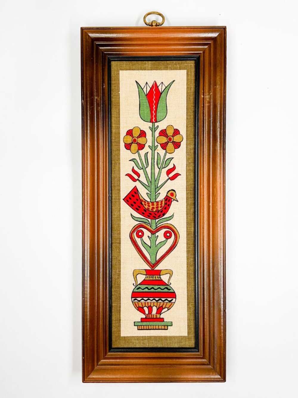 Vtg Turner Folk Art Framed Screen Print Birds Flowers 70's MCM Dutch Texture